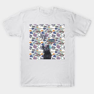 Black cat watching a fish tank T-Shirt